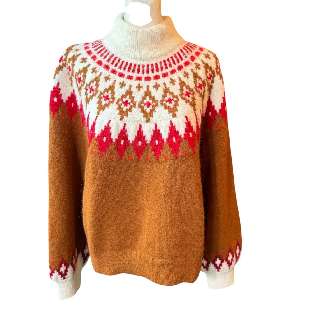 Lands End NWT Fair Isle Mock Neck Sweater Brown Red White Geometric Knit #880